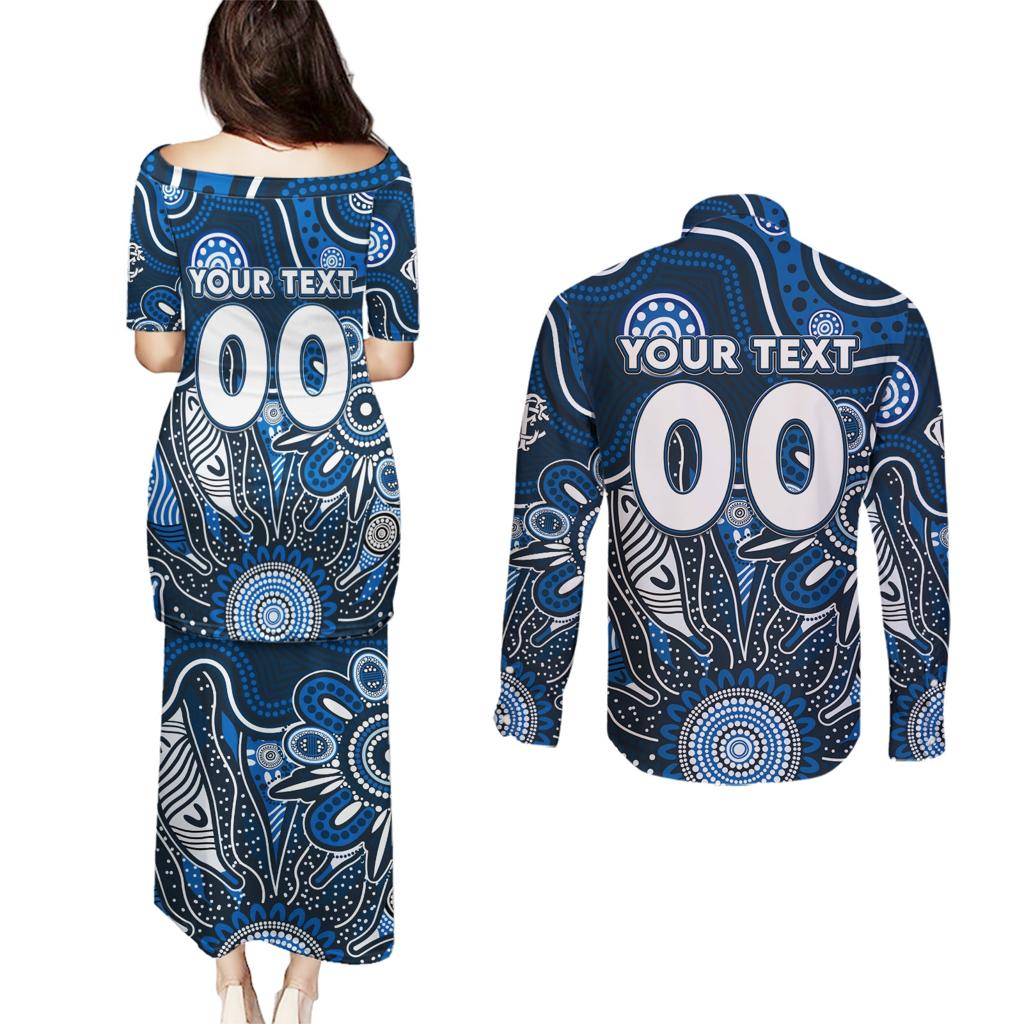 Personalised Blues NAIDOC Week 2024 Couples Matching Puletasi and Long Sleeve Button Shirt Aussie Aboriginal Art