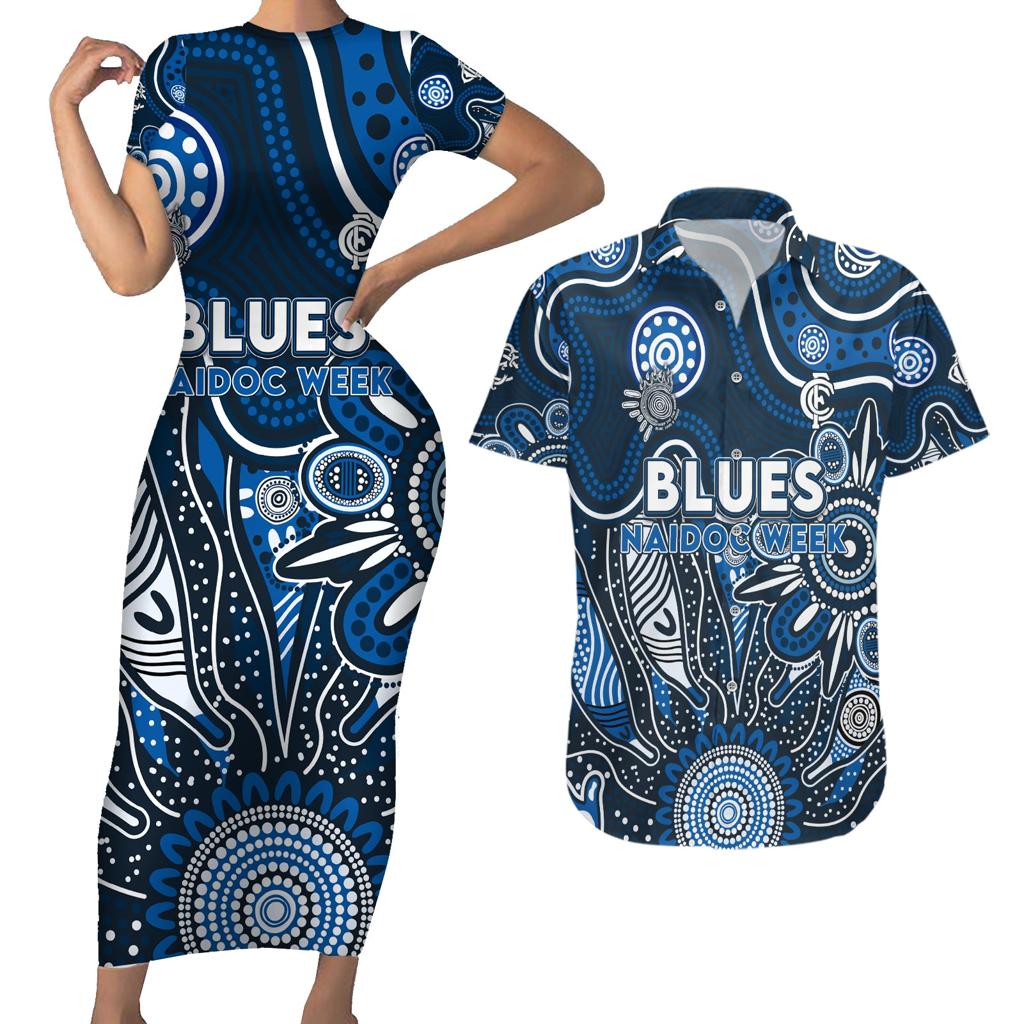 Personalised Blues NAIDOC Week 2024 Couples Matching Short Sleeve Bodycon Dress and Hawaiian Shirt Aussie Aboriginal Art
