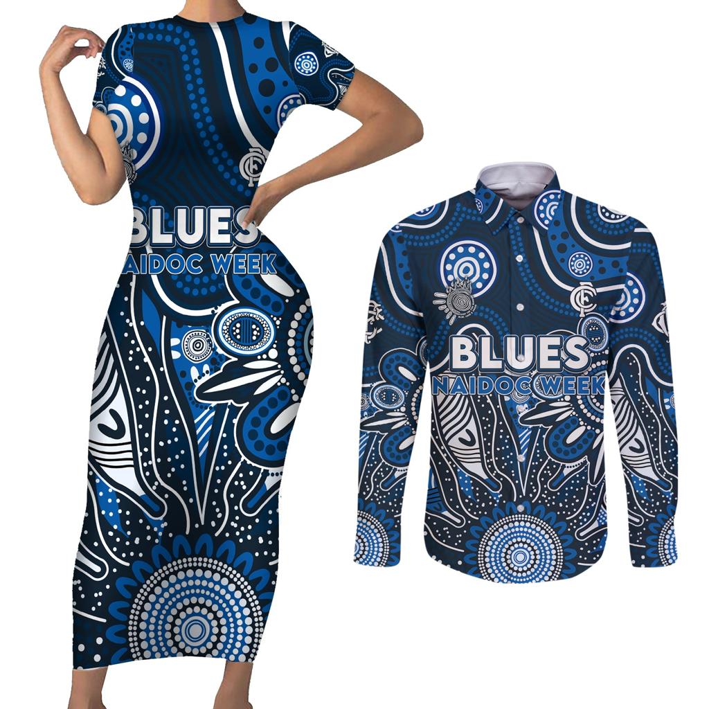 Personalised Blues NAIDOC Week 2024 Couples Matching Short Sleeve Bodycon Dress and Long Sleeve Button Shirt Aussie Aboriginal Art