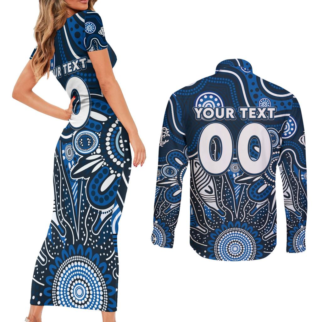 Personalised Blues NAIDOC Week 2024 Couples Matching Short Sleeve Bodycon Dress and Long Sleeve Button Shirt Aussie Aboriginal Art