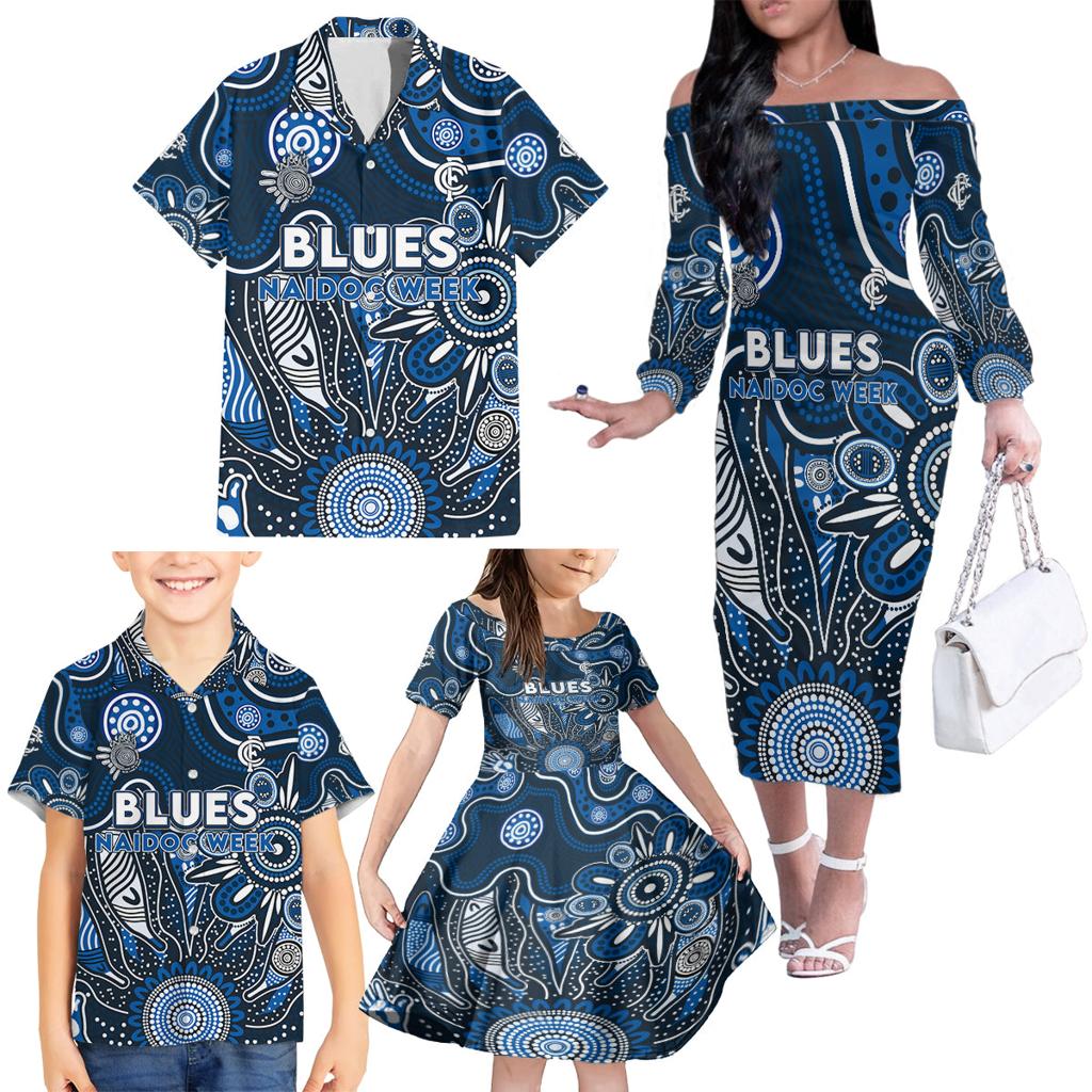 Personalised Blues NAIDOC Week 2024 Family Matching Off The Shoulder Long Sleeve Dress and Hawaiian Shirt Aussie Aboriginal Art