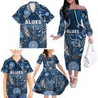 Personalised Blues NAIDOC Week 2024 Family Matching Off The Shoulder Long Sleeve Dress and Hawaiian Shirt Aussie Aboriginal Art