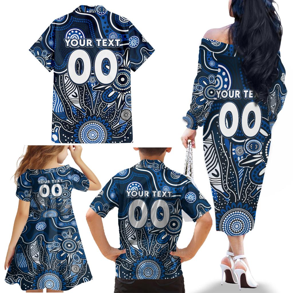 Personalised Blues NAIDOC Week 2024 Family Matching Off The Shoulder Long Sleeve Dress and Hawaiian Shirt Aussie Aboriginal Art