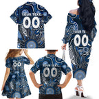 Personalised Blues NAIDOC Week 2024 Family Matching Off The Shoulder Long Sleeve Dress and Hawaiian Shirt Aussie Aboriginal Art