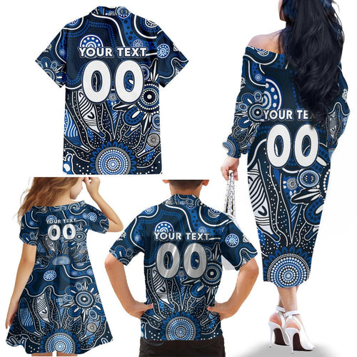 Personalised Blues NAIDOC Week 2024 Family Matching Off The Shoulder Long Sleeve Dress and Hawaiian Shirt Aussie Aboriginal Art