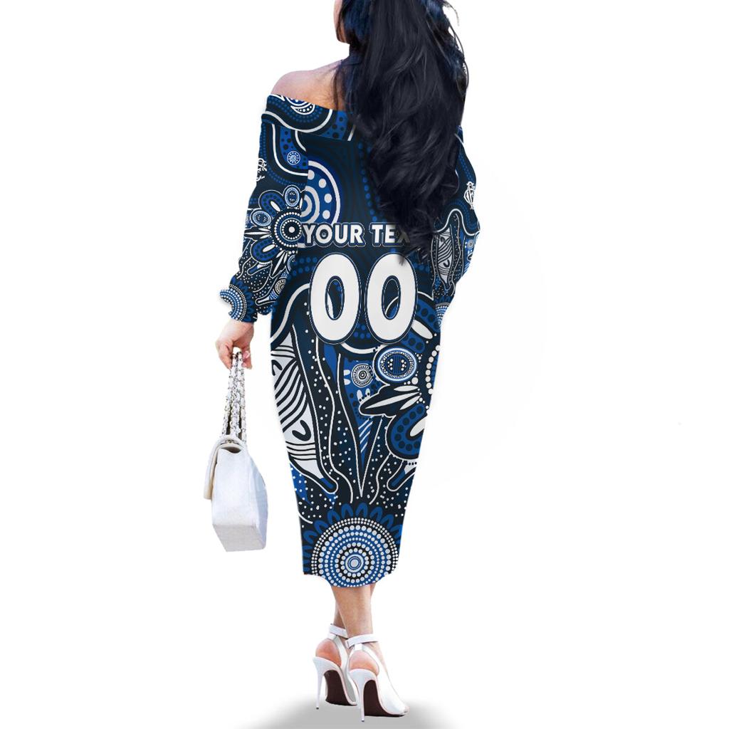 Personalised Blues NAIDOC Week 2024 Family Matching Off The Shoulder Long Sleeve Dress and Hawaiian Shirt Aussie Aboriginal Art