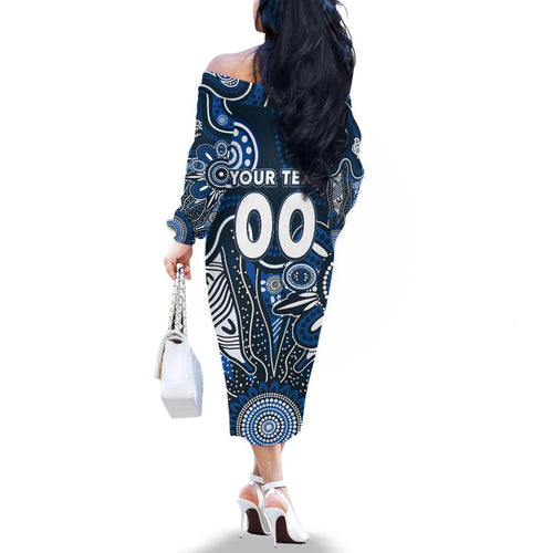 Personalised Blues NAIDOC Week 2024 Family Matching Off The Shoulder Long Sleeve Dress and Hawaiian Shirt Aussie Aboriginal Art
