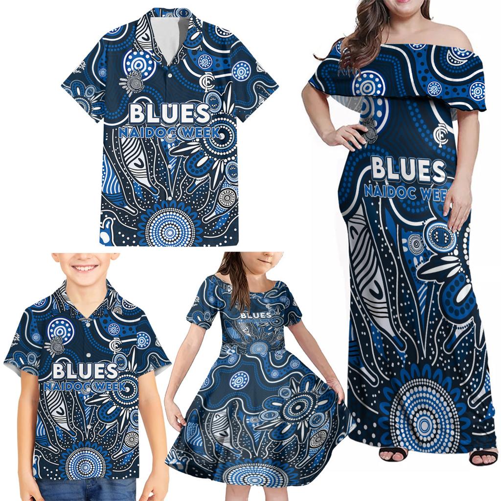 Personalised Blues NAIDOC Week 2024 Family Matching Off Shoulder Maxi Dress and Hawaiian Shirt Aussie Aboriginal Art