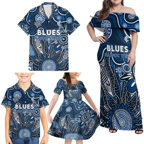 Personalised Blues NAIDOC Week 2024 Family Matching Off Shoulder Maxi Dress and Hawaiian Shirt Aussie Aboriginal Art