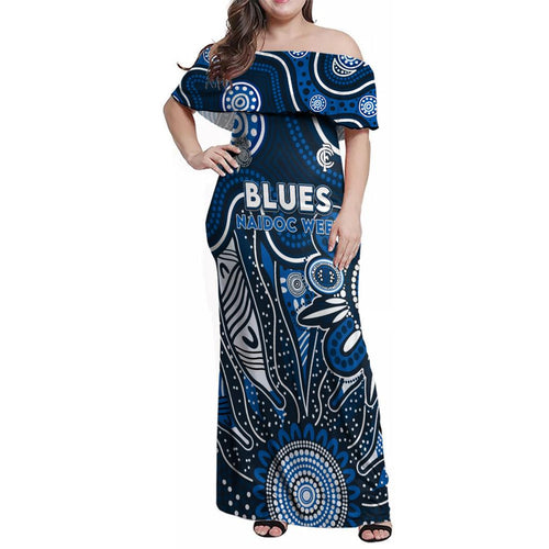 Personalised Blues NAIDOC Week 2024 Family Matching Off Shoulder Maxi Dress and Hawaiian Shirt Aussie Aboriginal Art
