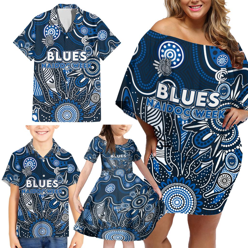 Personalised Blues NAIDOC Week 2024 Family Matching Off Shoulder Short Dress and Hawaiian Shirt Aussie Aboriginal Art