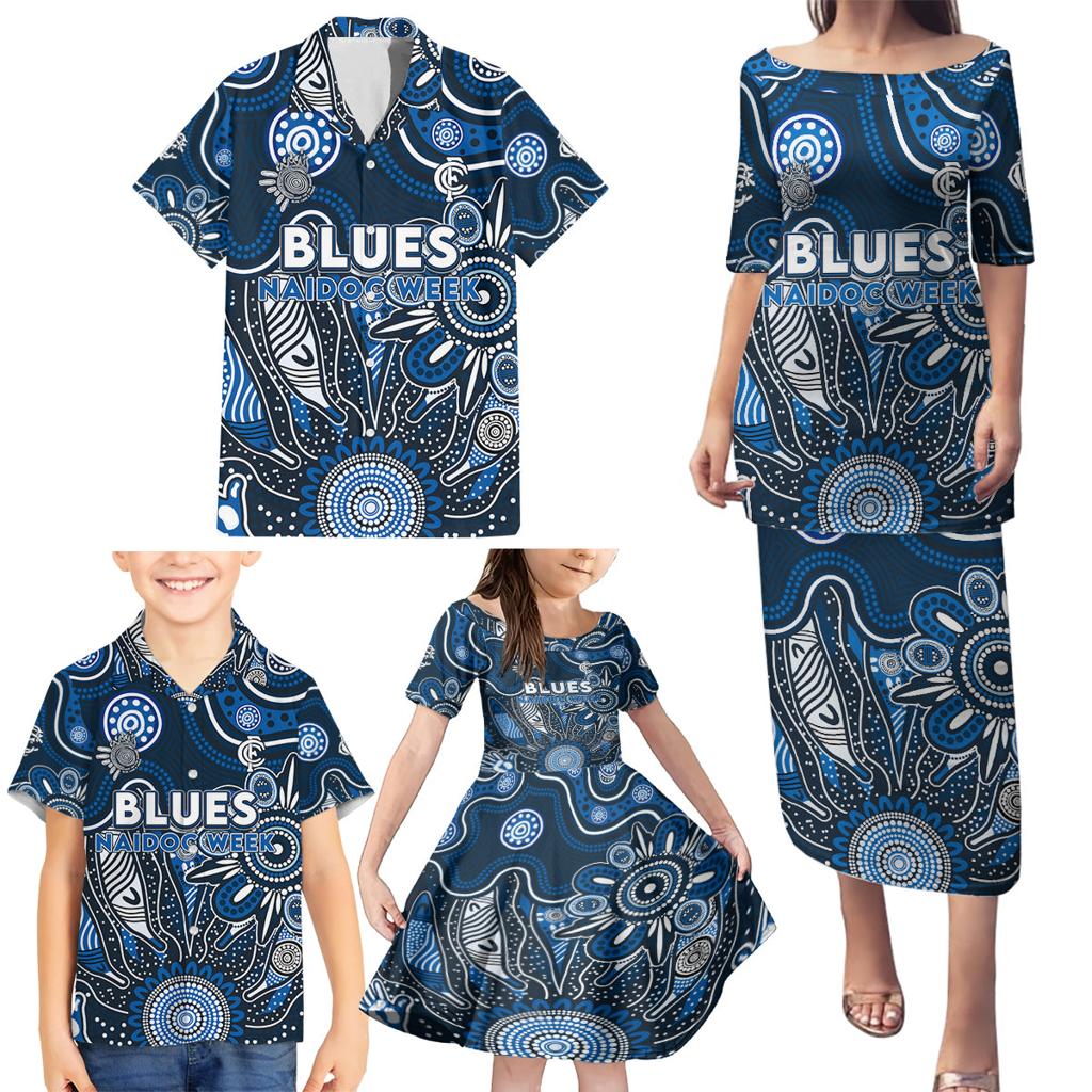 Personalised Blues NAIDOC Week 2024 Family Matching Puletasi and Hawaiian Shirt Aussie Aboriginal Art