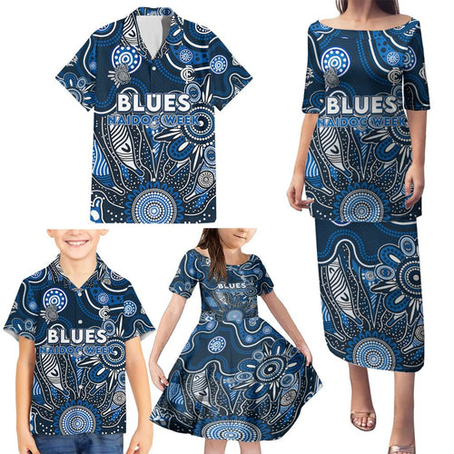 Personalised Blues NAIDOC Week 2024 Family Matching Puletasi and Hawaiian Shirt Aussie Aboriginal Art