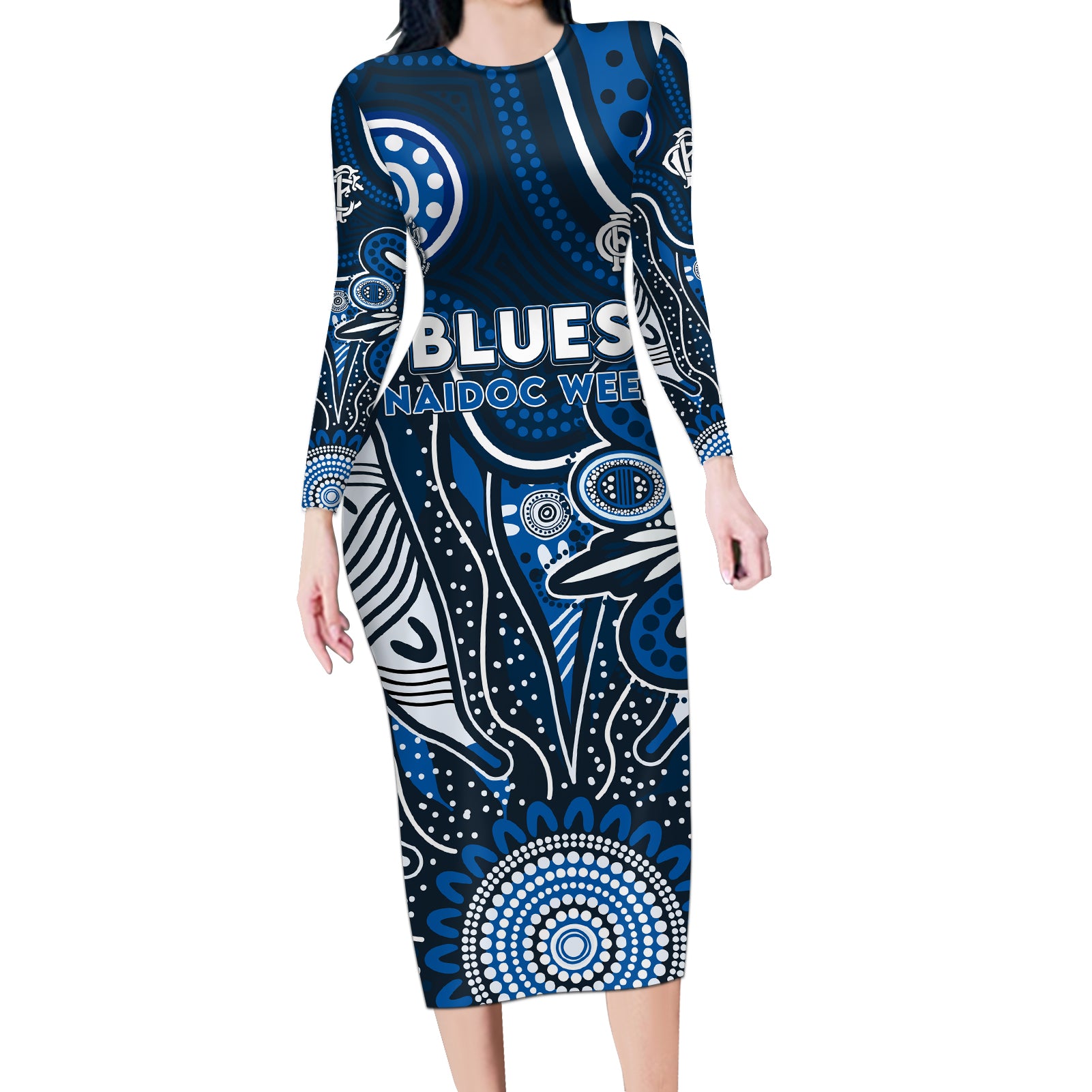 Personalised Blues NAIDOC Week 2024 Long Sleeve Bodycon Dress Aussie Aboriginal Art