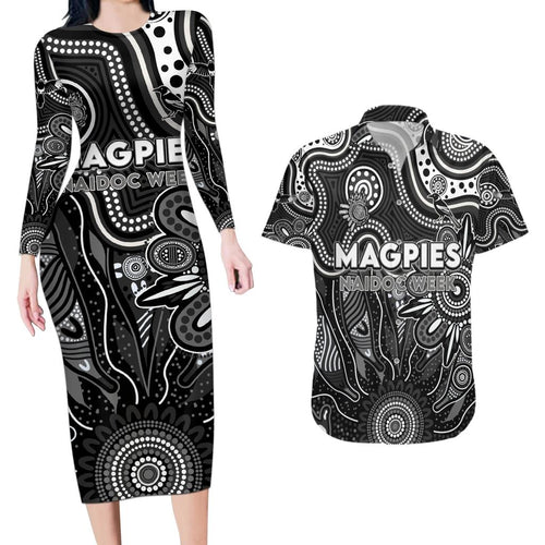 Personalised Magpies NAIDOC Week 2024 Couples Matching Long Sleeve Bodycon Dress and Hawaiian Shirt Aussie Aboriginal Art