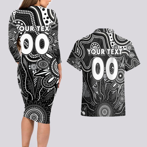 Personalised Magpies NAIDOC Week 2024 Couples Matching Long Sleeve Bodycon Dress and Hawaiian Shirt Aussie Aboriginal Art
