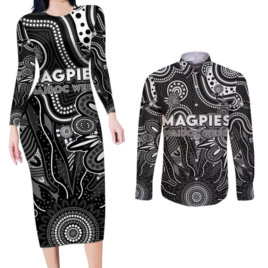 Personalised Magpies NAIDOC Week 2024 Couples Matching Long Sleeve Bodycon Dress and Long Sleeve Button Shirt Aussie Aboriginal Art