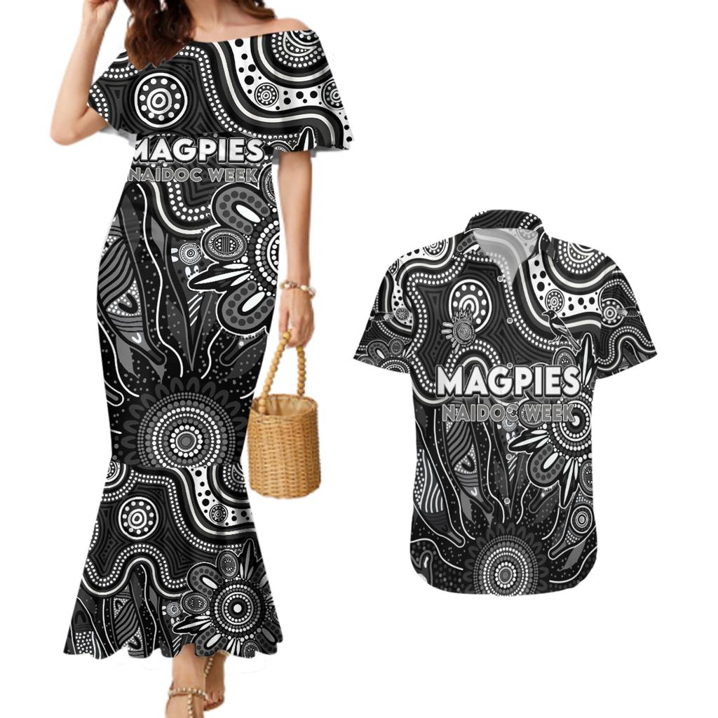Personalised Magpies NAIDOC Week 2024 Couples Matching Mermaid Dress and Hawaiian Shirt Aussie Aboriginal Art