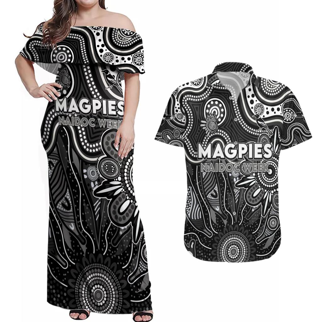 Personalised Magpies NAIDOC Week 2024 Couples Matching Off Shoulder Maxi Dress and Hawaiian Shirt Aussie Aboriginal Art