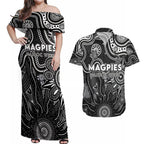 Personalised Magpies NAIDOC Week 2024 Couples Matching Off Shoulder Maxi Dress and Hawaiian Shirt Aussie Aboriginal Art