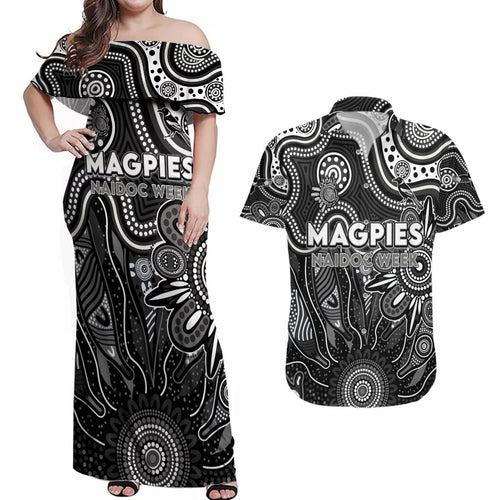 Personalised Magpies NAIDOC Week 2024 Couples Matching Off Shoulder Maxi Dress and Hawaiian Shirt Aussie Aboriginal Art