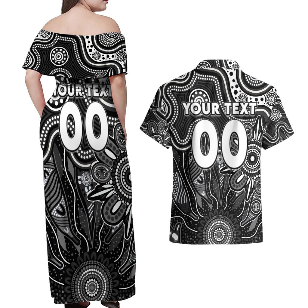 Personalised Magpies NAIDOC Week 2024 Couples Matching Off Shoulder Maxi Dress and Hawaiian Shirt Aussie Aboriginal Art