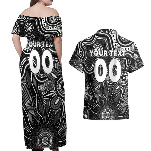 Personalised Magpies NAIDOC Week 2024 Couples Matching Off Shoulder Maxi Dress and Hawaiian Shirt Aussie Aboriginal Art