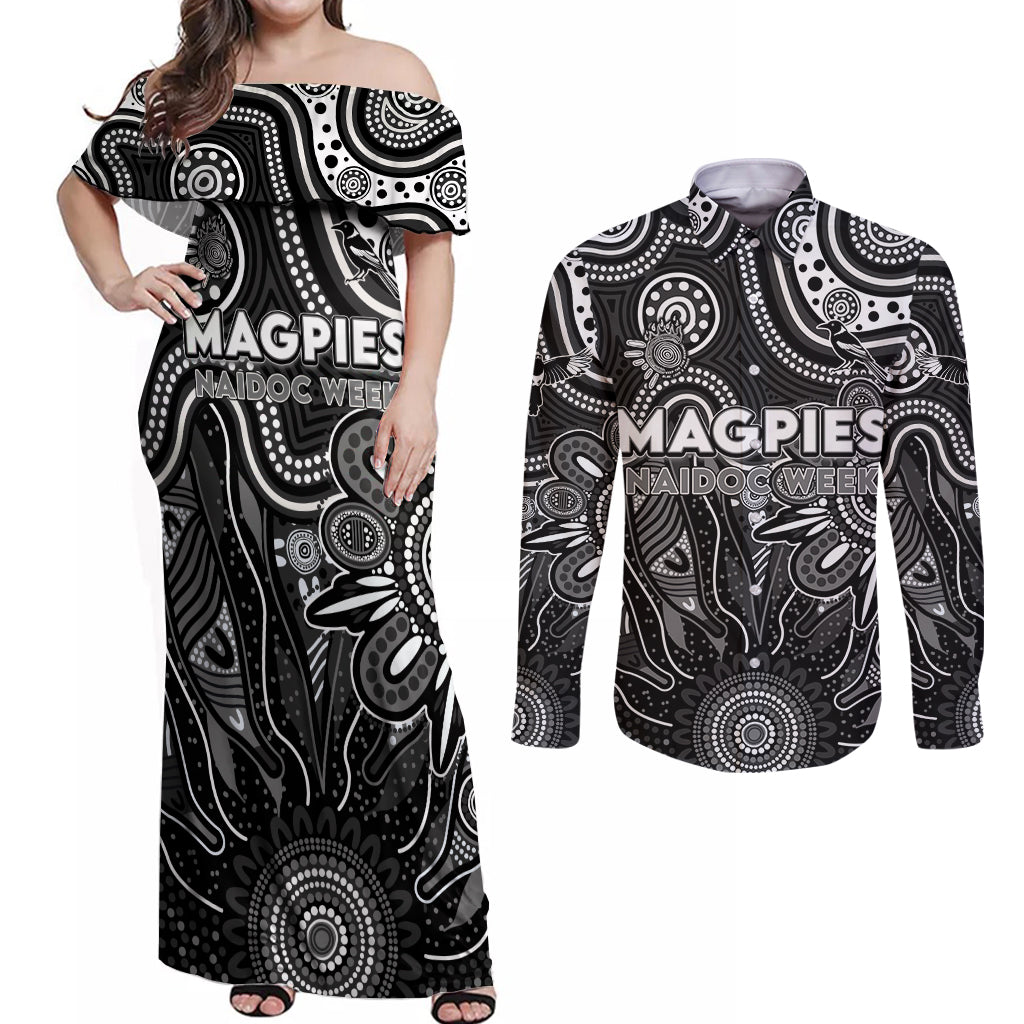 Personalised Magpies NAIDOC Week 2024 Couples Matching Off Shoulder Maxi Dress and Long Sleeve Button Shirt Aussie Aboriginal Art