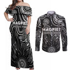 Personalised Magpies NAIDOC Week 2024 Couples Matching Off Shoulder Maxi Dress and Long Sleeve Button Shirt Aussie Aboriginal Art