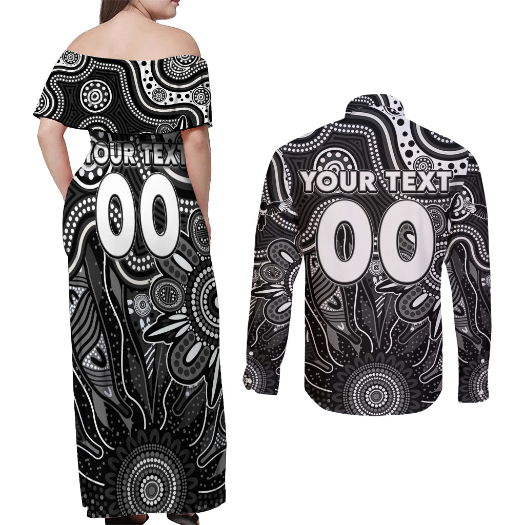 Personalised Magpies NAIDOC Week 2024 Couples Matching Off Shoulder Maxi Dress and Long Sleeve Button Shirt Aussie Aboriginal Art