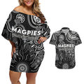 Personalised Magpies NAIDOC Week 2024 Couples Matching Off Shoulder Short Dress and Hawaiian Shirt Aussie Aboriginal Art