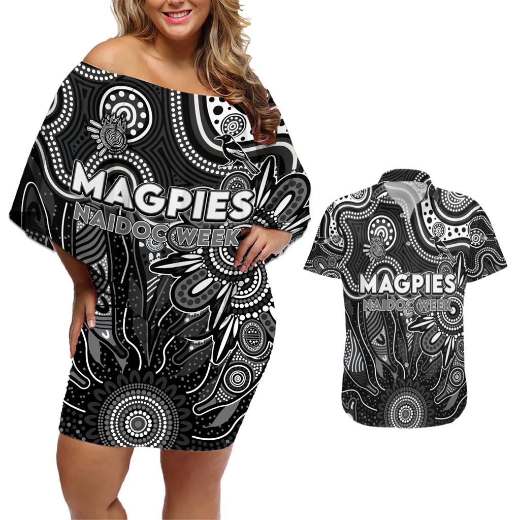 Personalised Magpies NAIDOC Week 2024 Couples Matching Off Shoulder Short Dress and Hawaiian Shirt Aussie Aboriginal Art