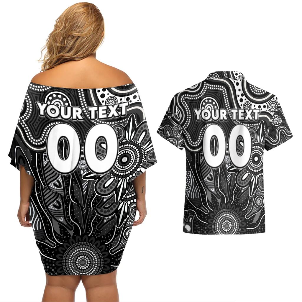 Personalised Magpies NAIDOC Week 2024 Couples Matching Off Shoulder Short Dress and Hawaiian Shirt Aussie Aboriginal Art