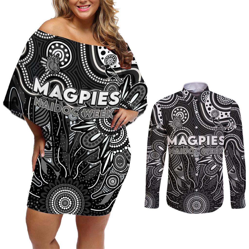 Personalised Magpies NAIDOC Week 2024 Couples Matching Off Shoulder Short Dress and Long Sleeve Button Shirt Aussie Aboriginal Art