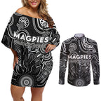 Personalised Magpies NAIDOC Week 2024 Couples Matching Off Shoulder Short Dress and Long Sleeve Button Shirt Aussie Aboriginal Art