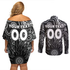 Personalised Magpies NAIDOC Week 2024 Couples Matching Off Shoulder Short Dress and Long Sleeve Button Shirt Aussie Aboriginal Art