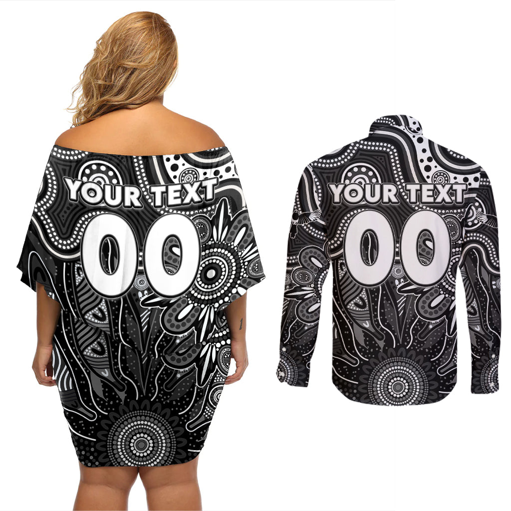 Personalised Magpies NAIDOC Week 2024 Couples Matching Off Shoulder Short Dress and Long Sleeve Button Shirt Aussie Aboriginal Art