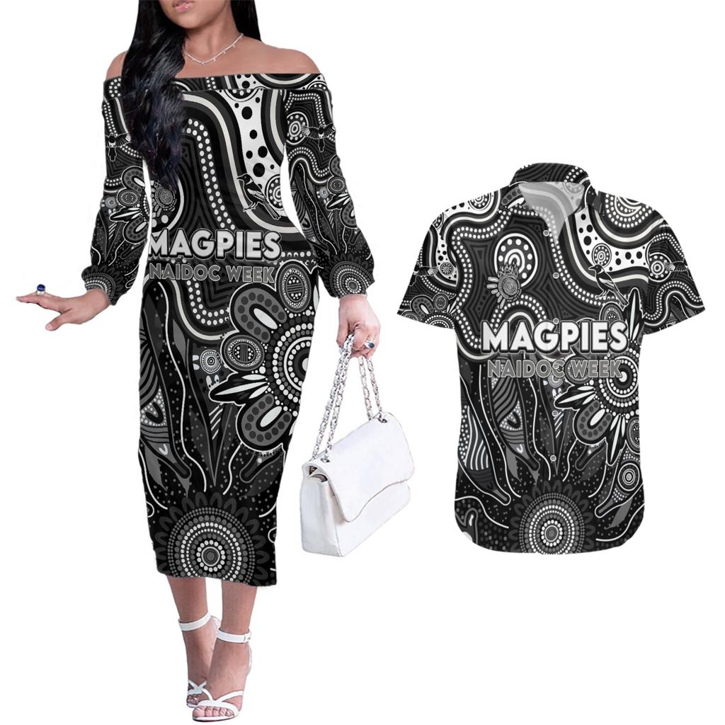 Personalised Magpies NAIDOC Week 2024 Couples Matching Off The Shoulder Long Sleeve Dress and Hawaiian Shirt Aussie Aboriginal Art