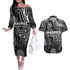 Personalised Magpies NAIDOC Week 2024 Couples Matching Off The Shoulder Long Sleeve Dress and Hawaiian Shirt Aussie Aboriginal Art
