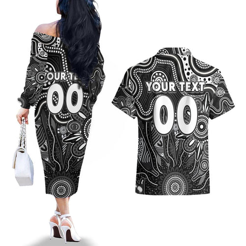 Personalised Magpies NAIDOC Week 2024 Couples Matching Off The Shoulder Long Sleeve Dress and Hawaiian Shirt Aussie Aboriginal Art