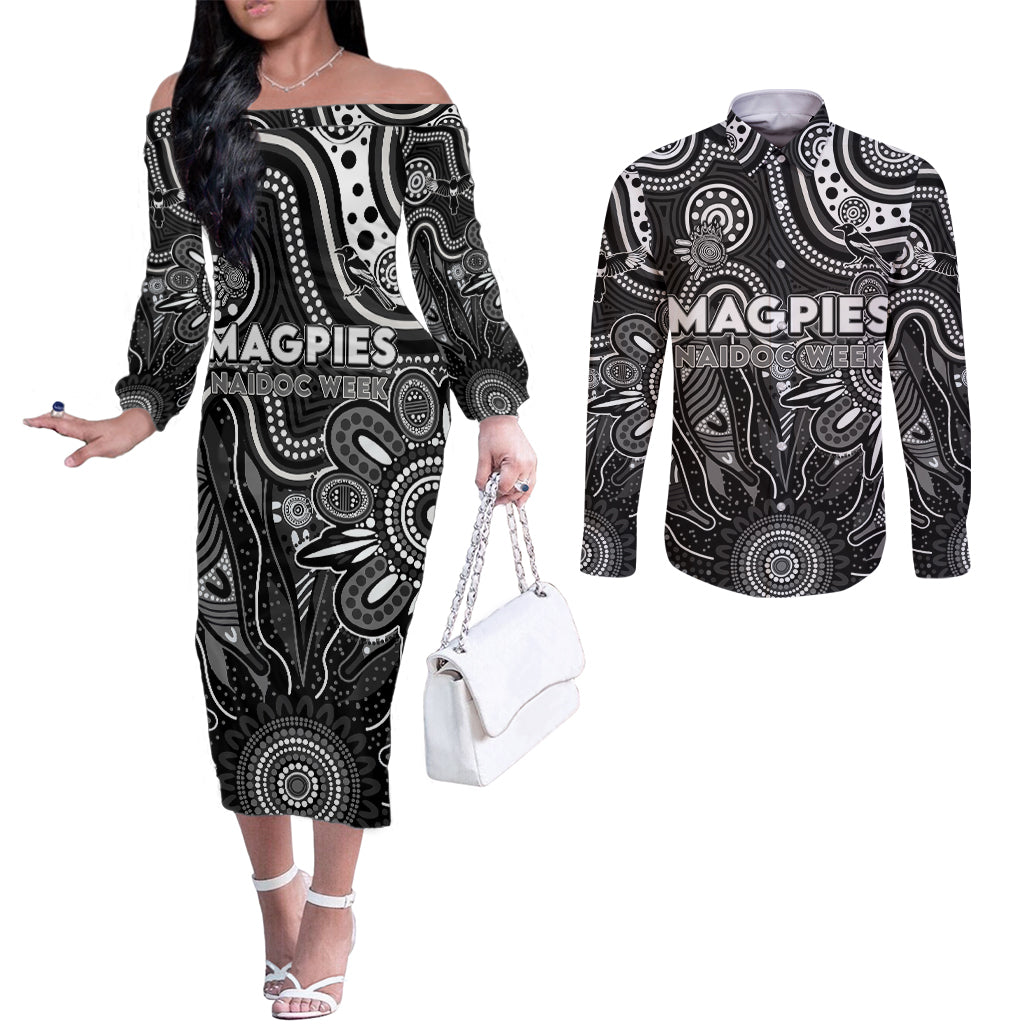 Personalised Magpies NAIDOC Week 2024 Couples Matching Off The Shoulder Long Sleeve Dress and Long Sleeve Button Shirt Aussie Aboriginal Art