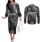 Personalised Magpies NAIDOC Week 2024 Couples Matching Off The Shoulder Long Sleeve Dress and Long Sleeve Button Shirt Aussie Aboriginal Art