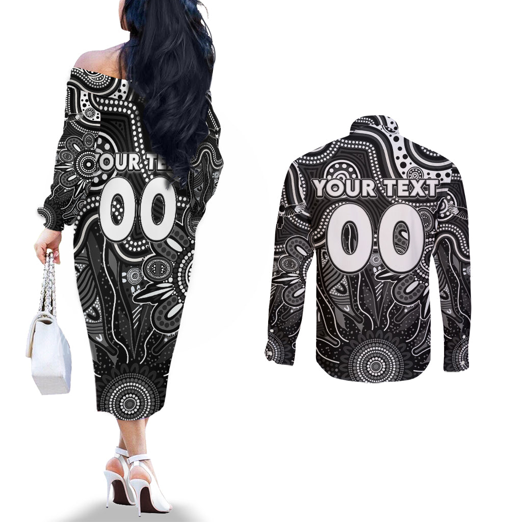 Personalised Magpies NAIDOC Week 2024 Couples Matching Off The Shoulder Long Sleeve Dress and Long Sleeve Button Shirt Aussie Aboriginal Art