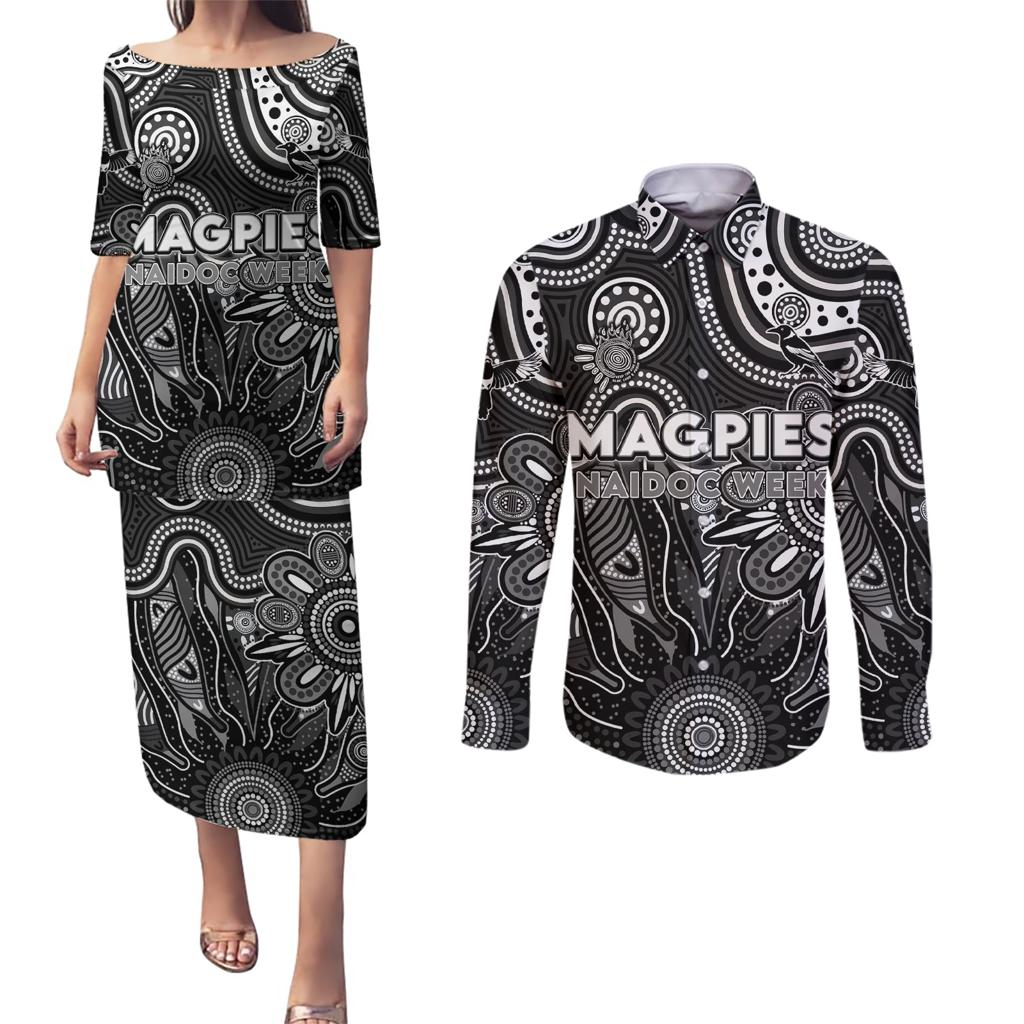 Personalised Magpies NAIDOC Week 2024 Couples Matching Puletasi and Long Sleeve Button Shirt Aussie Aboriginal Art