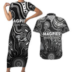 Personalised Magpies NAIDOC Week 2024 Couples Matching Short Sleeve Bodycon Dress and Hawaiian Shirt Aussie Aboriginal Art