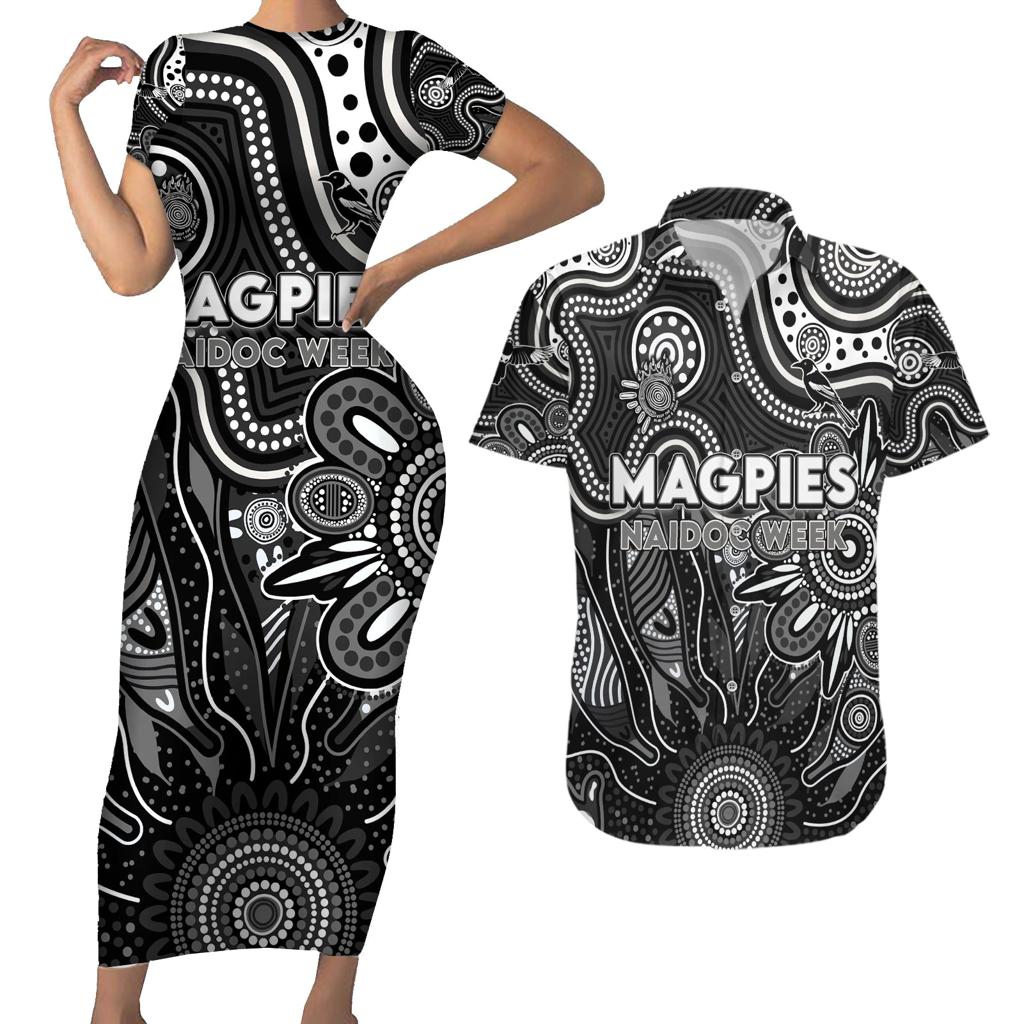 Personalised Magpies NAIDOC Week 2024 Couples Matching Short Sleeve Bodycon Dress and Hawaiian Shirt Aussie Aboriginal Art