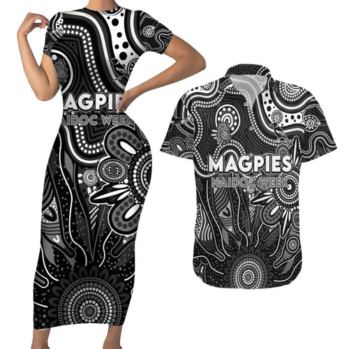 Personalised Magpies NAIDOC Week 2024 Couples Matching Short Sleeve Bodycon Dress and Hawaiian Shirt Aussie Aboriginal Art