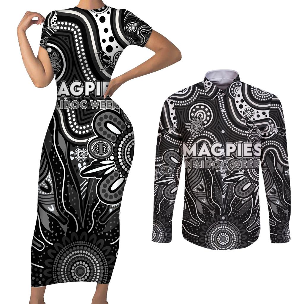 Personalised Magpies NAIDOC Week 2024 Couples Matching Short Sleeve Bodycon Dress and Long Sleeve Button Shirt Aussie Aboriginal Art