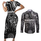 Personalised Magpies NAIDOC Week 2024 Couples Matching Short Sleeve Bodycon Dress and Long Sleeve Button Shirt Aussie Aboriginal Art
