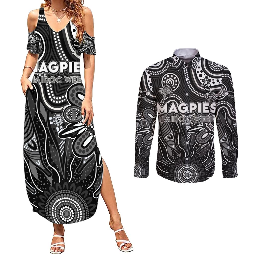 Personalised Magpies NAIDOC Week 2024 Couples Matching Summer Maxi Dress and Long Sleeve Button Shirt Aussie Aboriginal Art